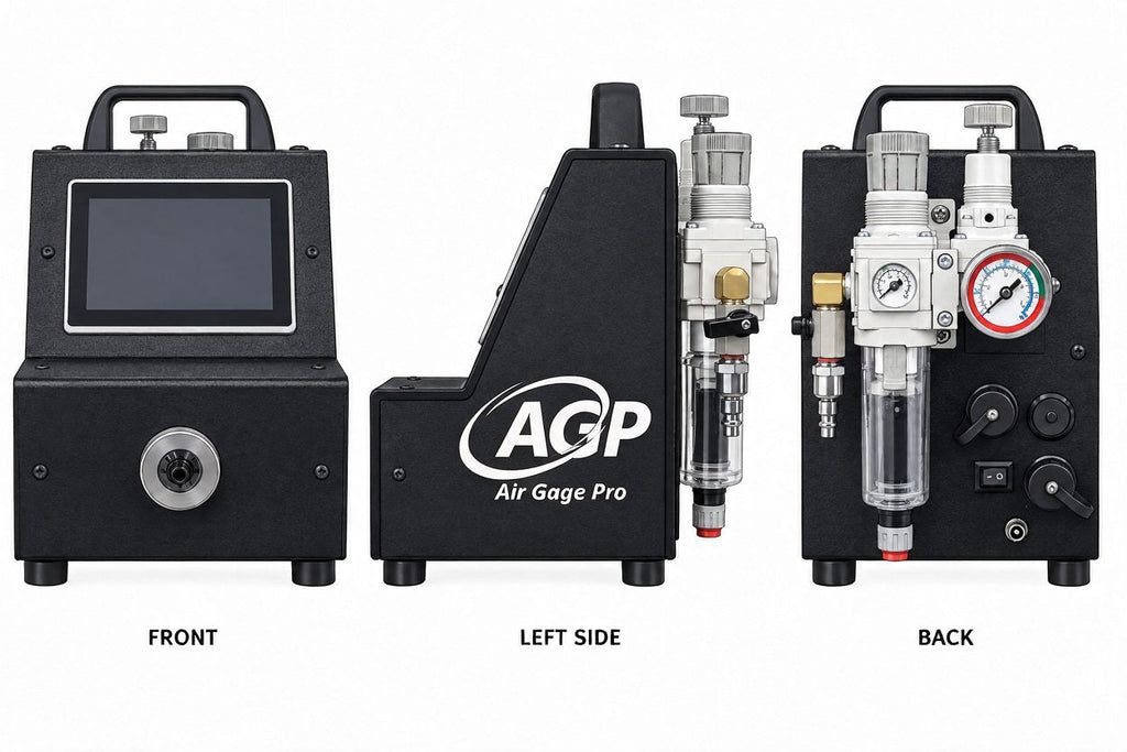 Air Gage Pro front, left side and back views showing filter-regulator and pressure gauge