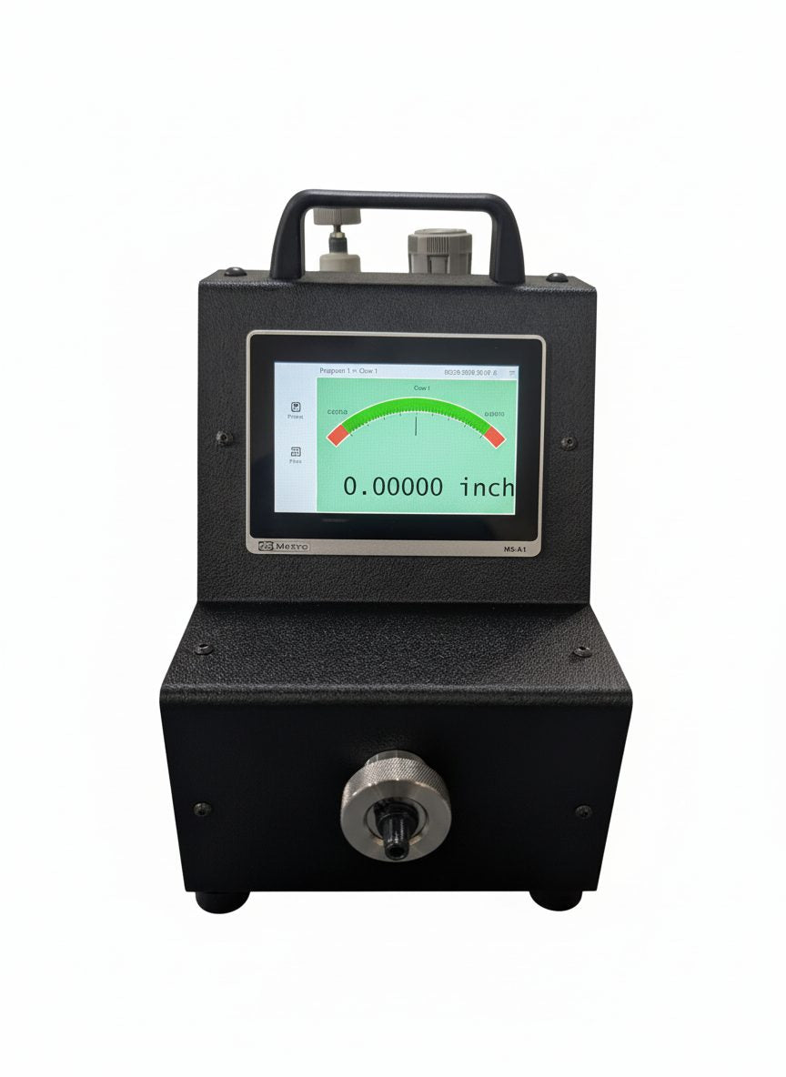 Air Gage Pro touchscreen showing color-coded analog dial reading in inches